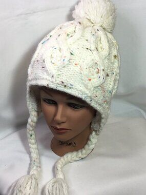 Burton Crochet Earflap Trapper Beanie White Confetti Pom Tassel Knit Hat